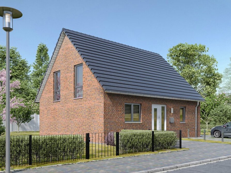 Sicht von der Straße auf das Klinker Einfamilienhaus Flair 130 mit Satteldach und bodentiefen Fenstern, die einen herrlichen Blick in den Garten ermöglichen.