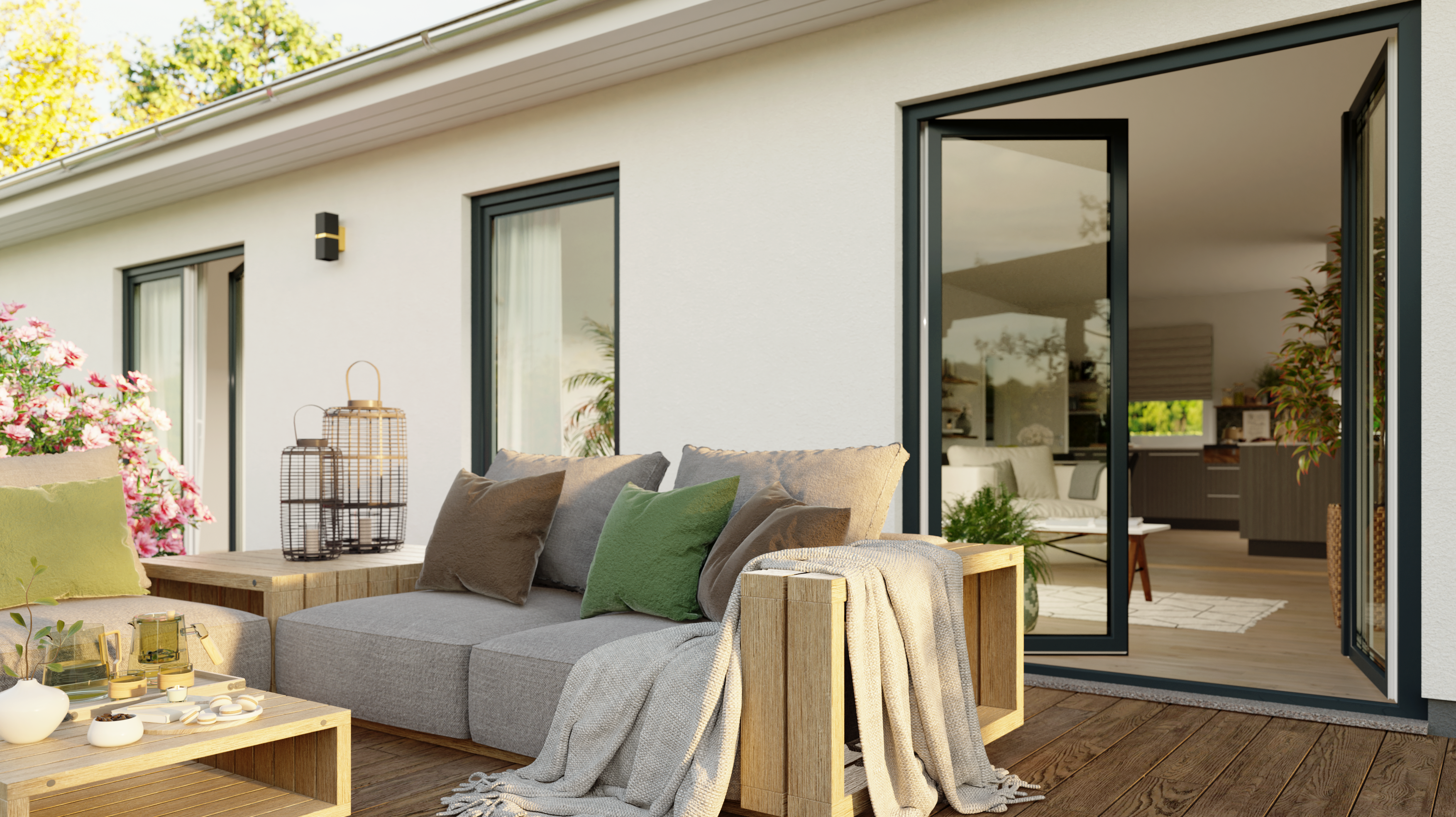 Terrasse des ERA 131 mit Blick auf den offenen Wohnbereich – modernes Wohnambiente trifft auf stilvolle Gestaltung