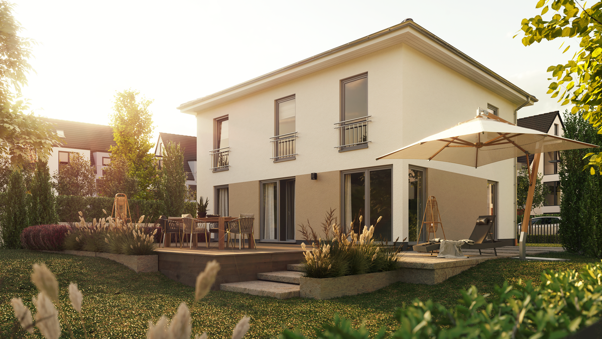 Modernes Massivhaus in Bergholz-Rehbrücke Visualisierung eines modernen Massivhauses von EVIRA Hausprojekt in Bergholz-Rehbrücke, umgeben von grüner Landschaft.