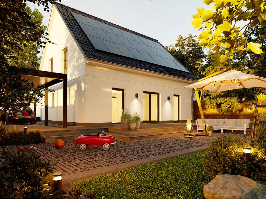 Das Edition Clever 138+ mit Blick über den Garten auf die Terrasse, bodentiefen Fenstern, modernem Satteldach, Carport und Photovoltaikanlage für modernes und nachhaltiges Wohnen.